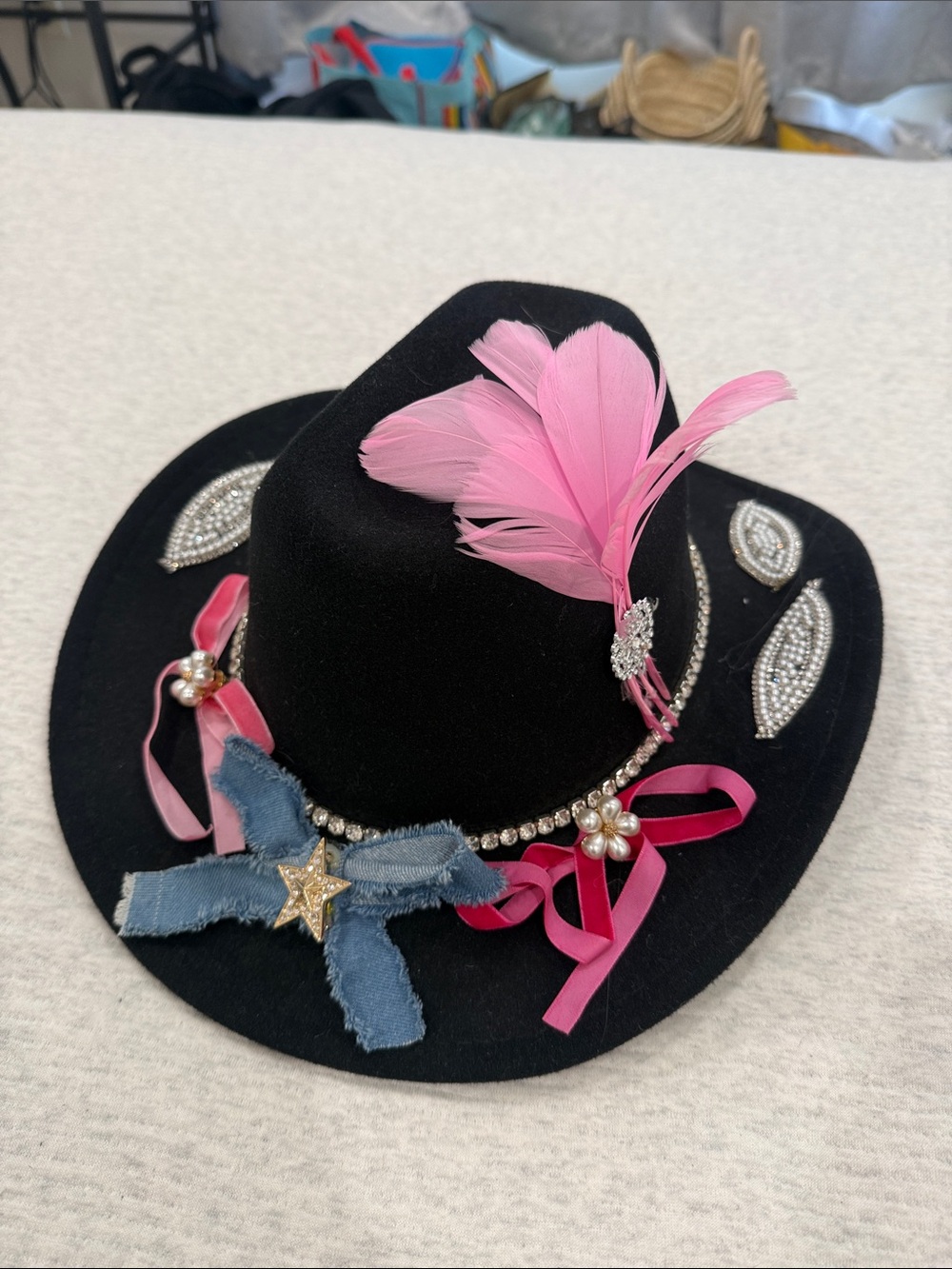 Black Cowgirl Hat with Pink Feather & Rhinestone Trim